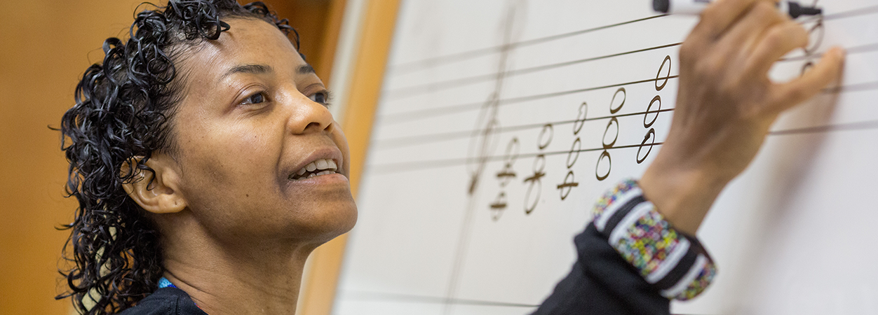 Image for the New Teacher Support webpage, of a music teacher teaching in the classroom.