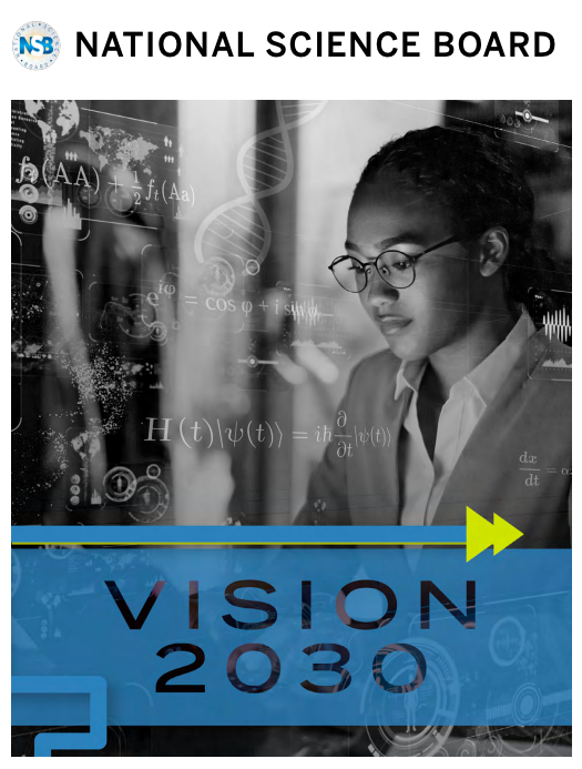 National Science Board - Vision 2030 with girl in glasses with various formulas on the images