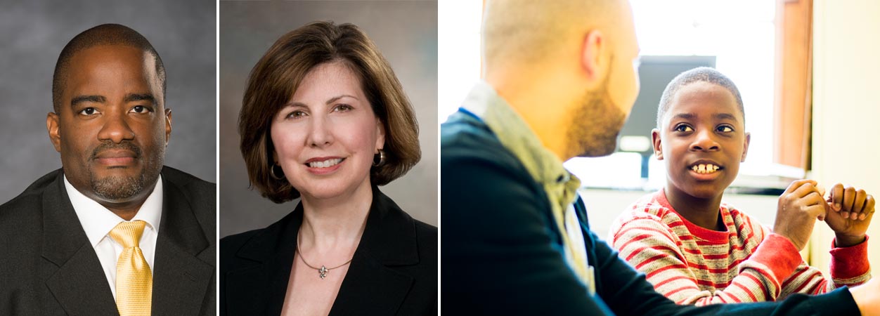 From left: headshot of Dean Andrew Daire, Dr. Mary Hermann, and photo of a counselor education student with an elementary school student.