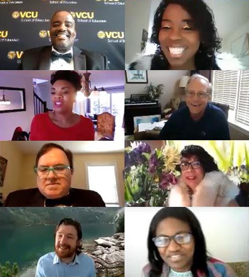 Multiple screenshots from the Zoom session of SOE's 2020 Faculty & Staff Appreciation Luncheon.