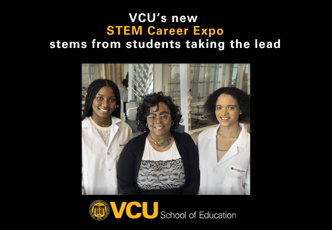 Three VCU students standing , two in lab coats