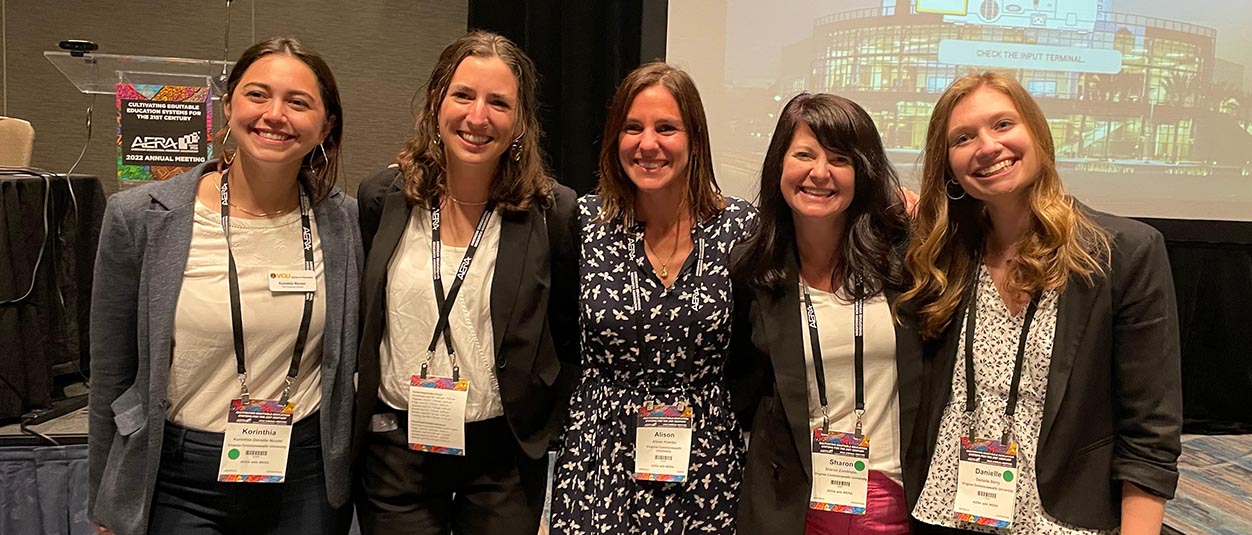 Three of the Shark Tank finalists with two SOE faculty members at AERA. From left: Korinthia Nicolai, Margaret Wallace, Drs. Alison Koenka and Sharon Zumbrunn of the Department of Foundations of Education, Danielle Berry.;