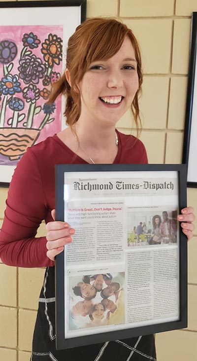 VCU SOE doctoral student Lindsay Kozachuk with an article she wrote for the Richmond Times-Dispatch.